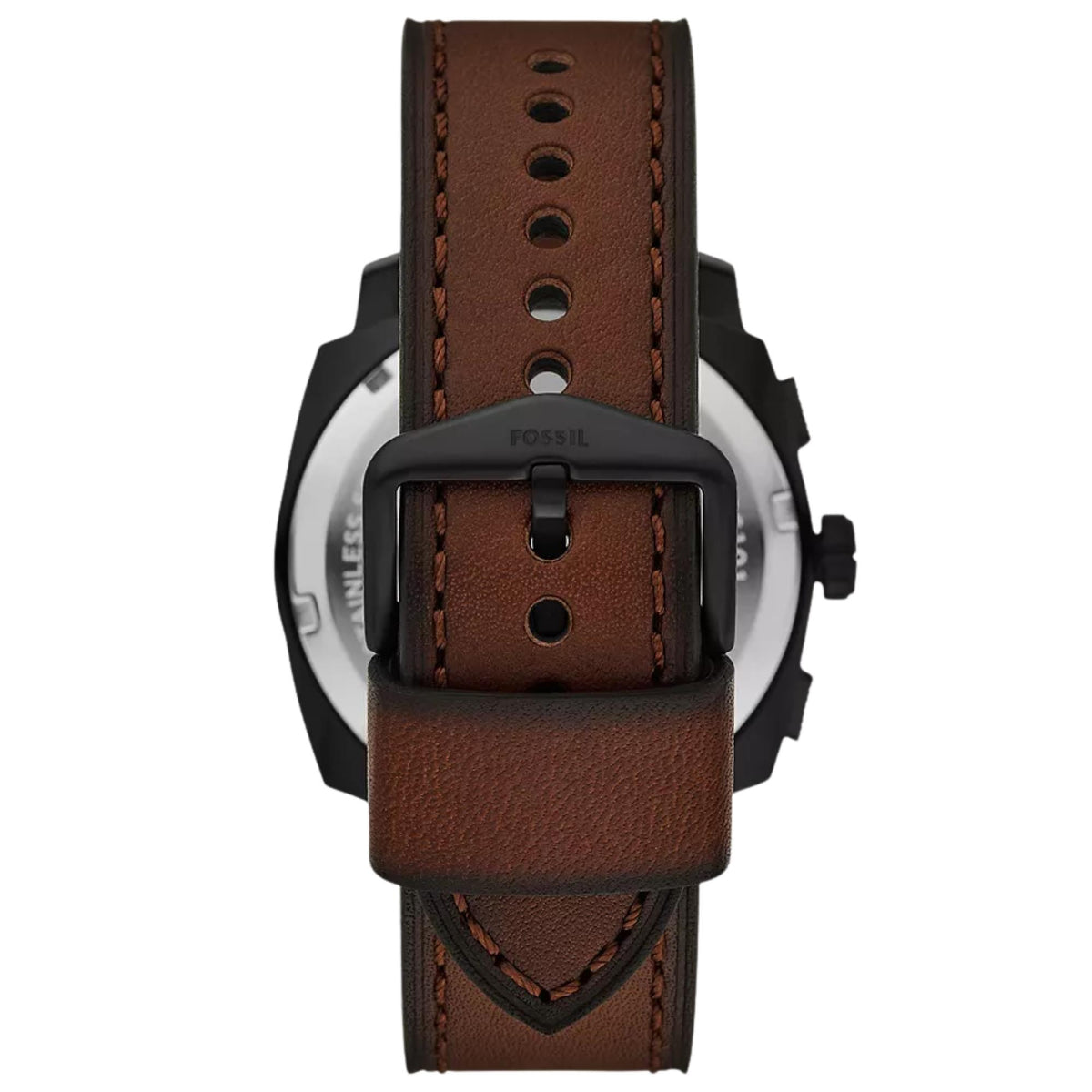 Watch case back with brown leather strap and metal buckle