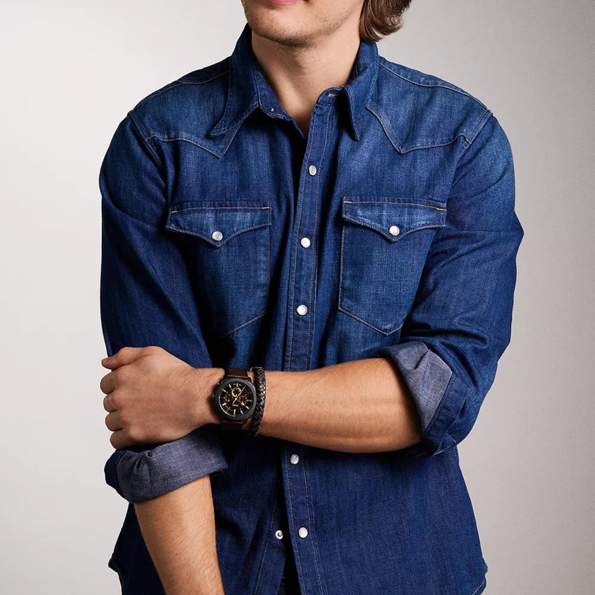 Men's chronograph quartz watch shown in blue gift box with leather strap