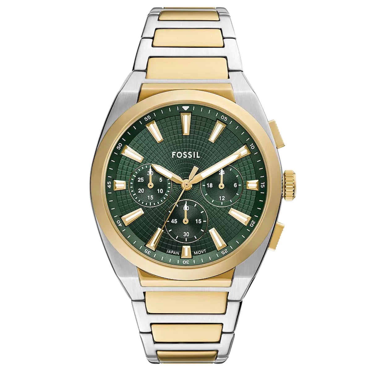 Men's steel chronograph watch with gold-tone bezel and green dial, three subdials