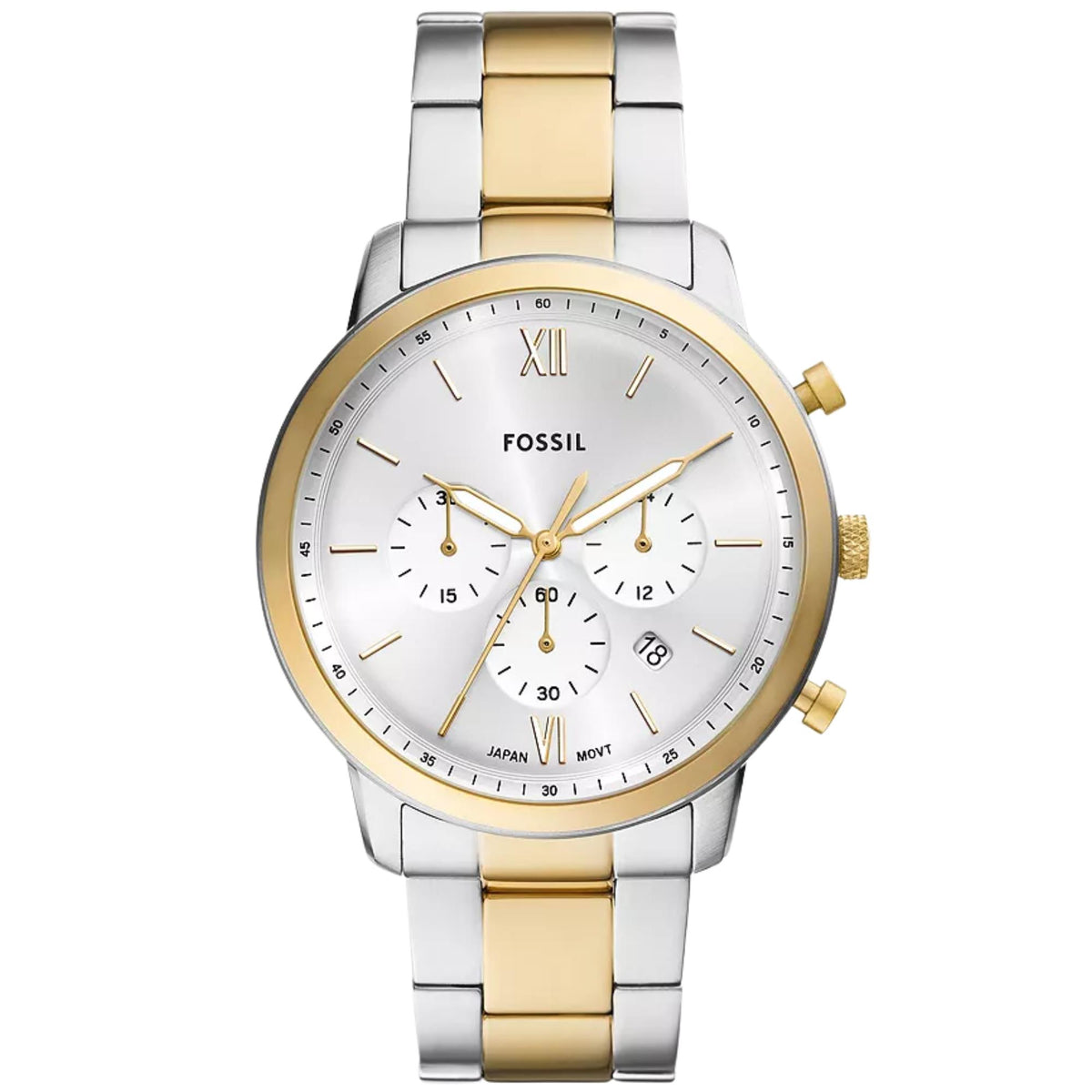 Fossil Neutra 44mm Chronograph FS6112 silver dial front view with gold-tone bezel and two-tone steel bracelet