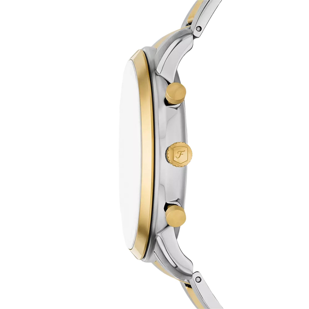 Fossil Neutra 44mm Chronograph FS6112 side profile showing gold-tone crown with F logo and chronograph pushers