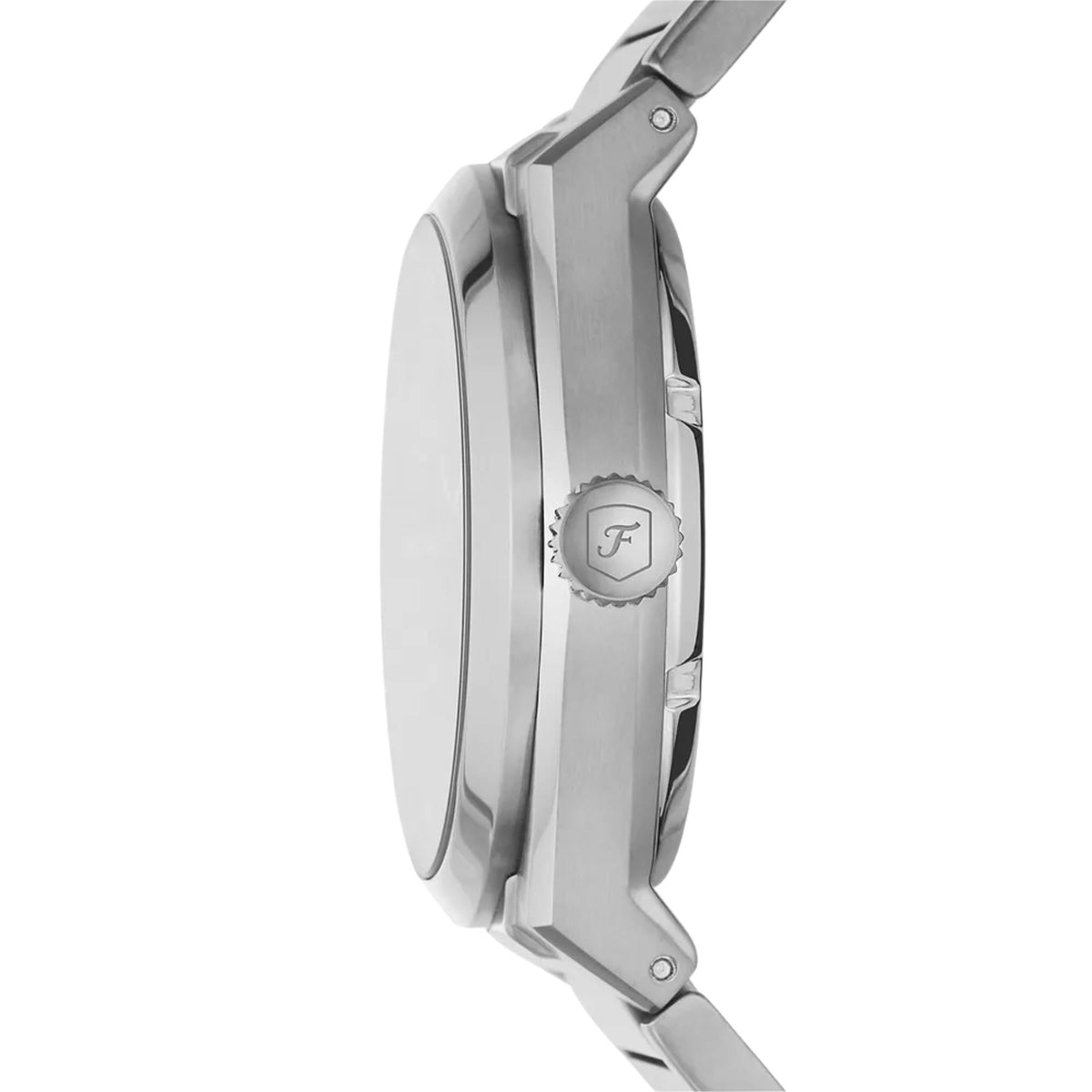 Fossil Everett ME3220 side view of case and crown with logo detail