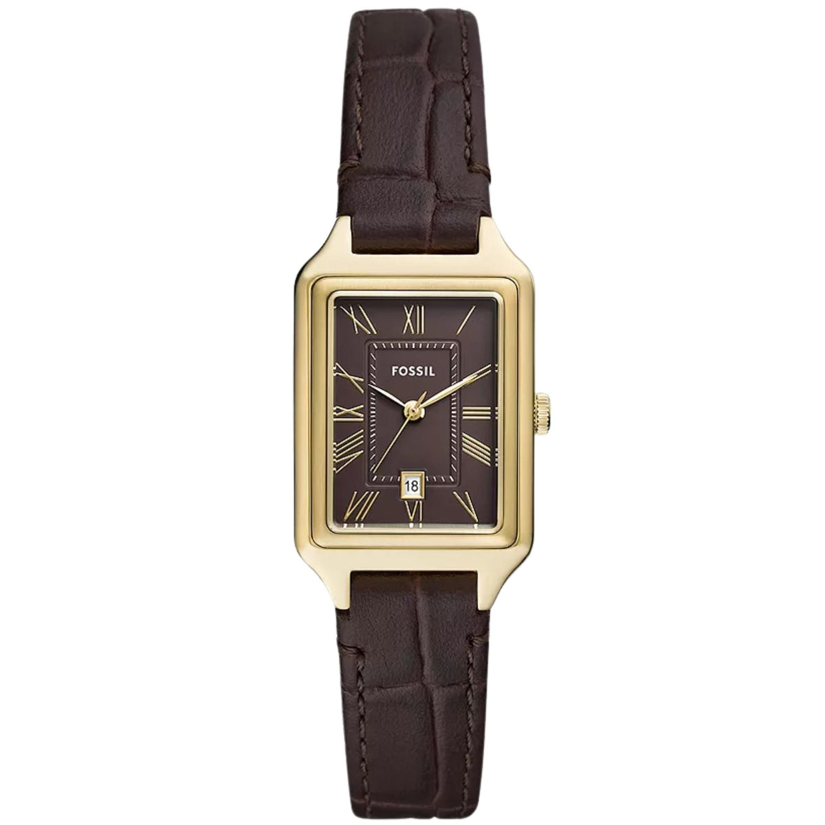 Front view of Fossil Raquel ES5367 ladies watch displaying the brown dial, rectangular gold-tone case, and croc-embossed leather strap