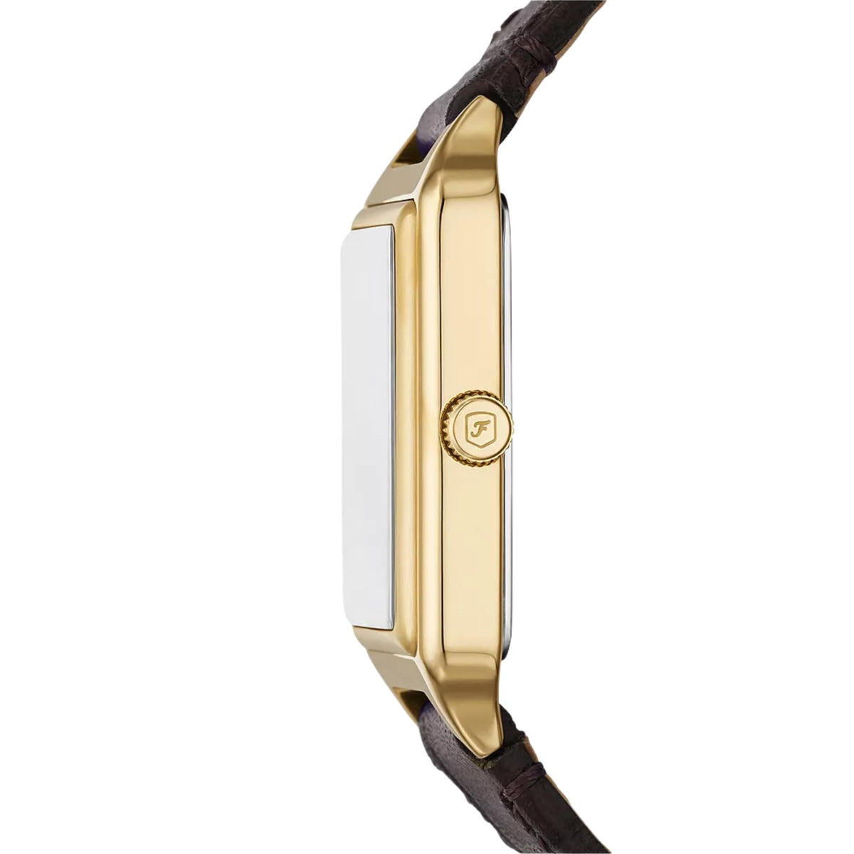 Profile shot of Fossil Raquel ES5367 ladies watch highlighting the gold-tone rectangular case and signed crown