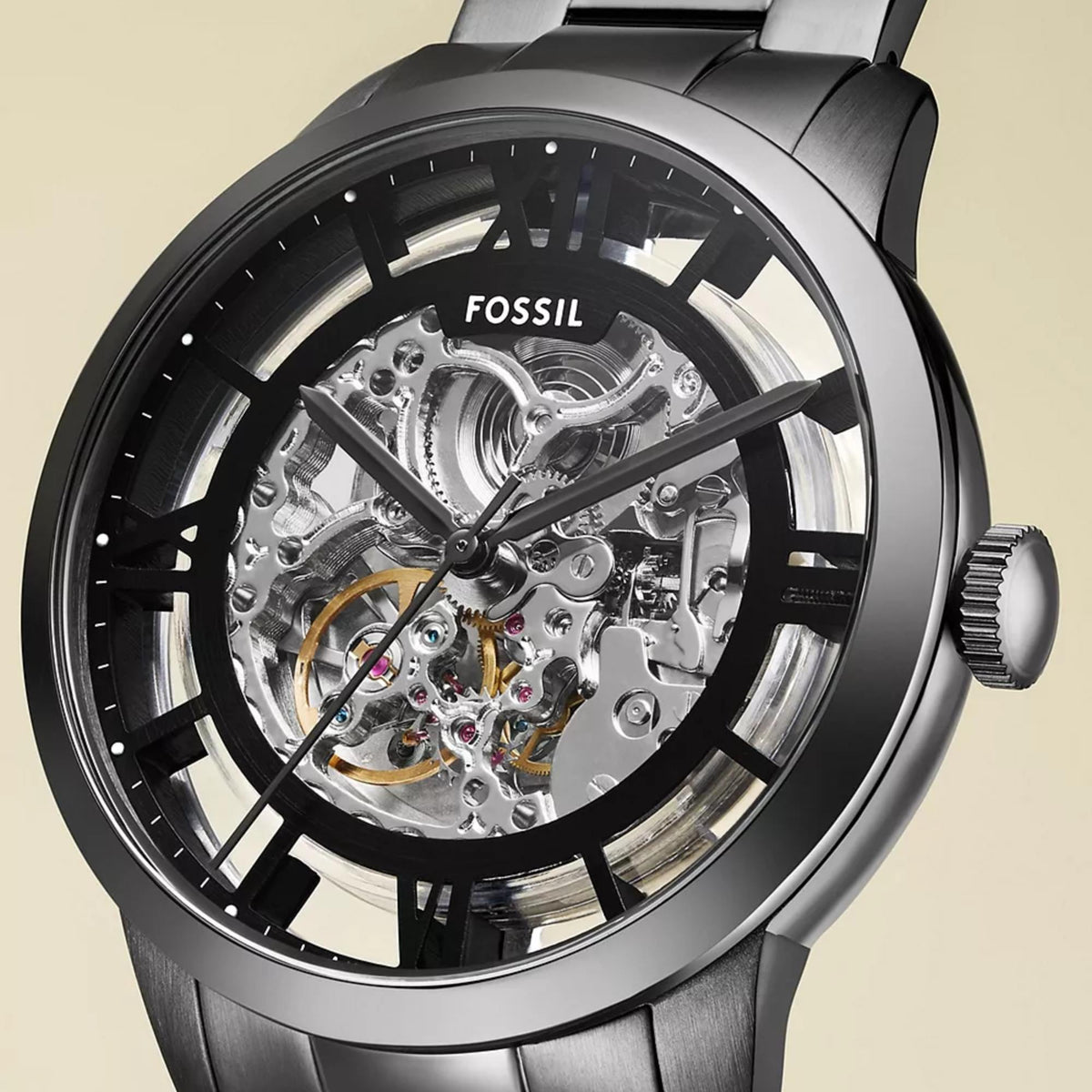Fossil Townsman ME3268 skeleton dial and mechanical gears close up