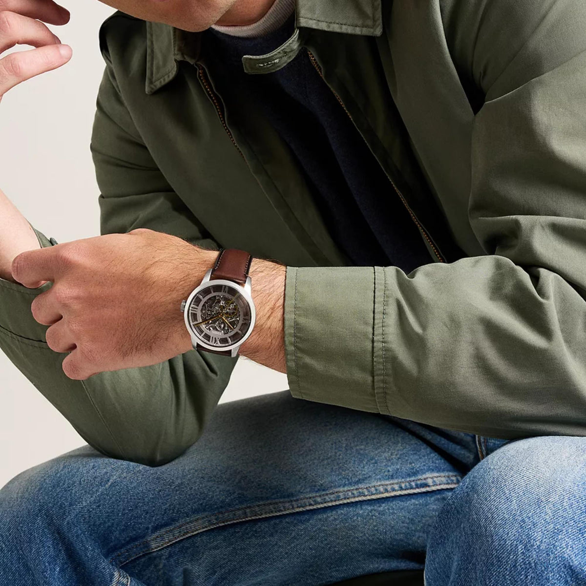 Fossil Townsman ME3270 lifestyle view of model wearing mens skeleton dial automatic watch on wrist