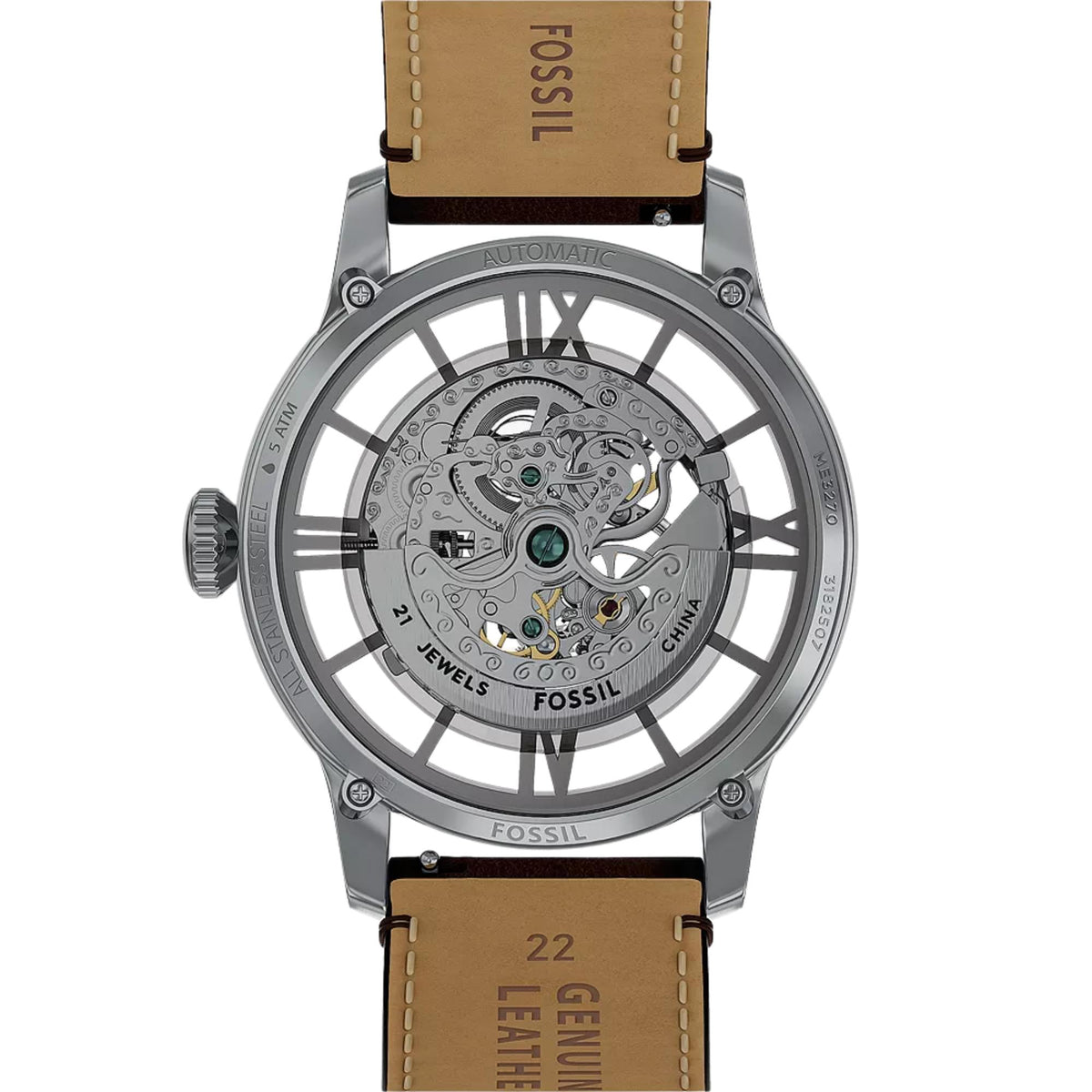 Fossil Townsman ME3270 case back view displaying transparent skeleton movement and inner strap lining
