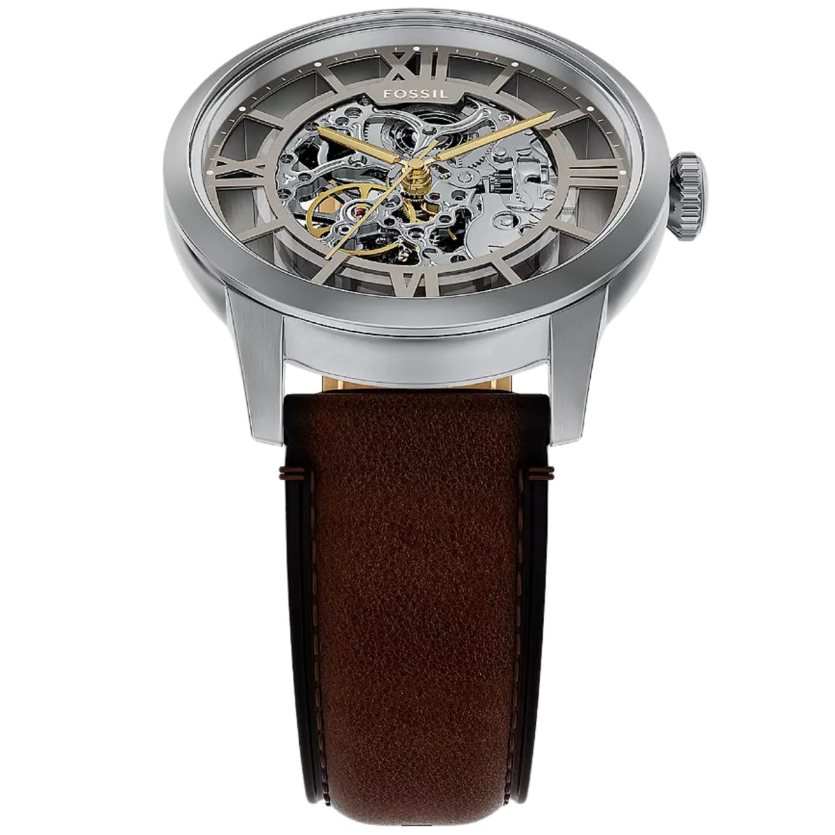 Fossil Townsman ME3270 angled top-down view showing silver dial skeleton cutouts and leather strap