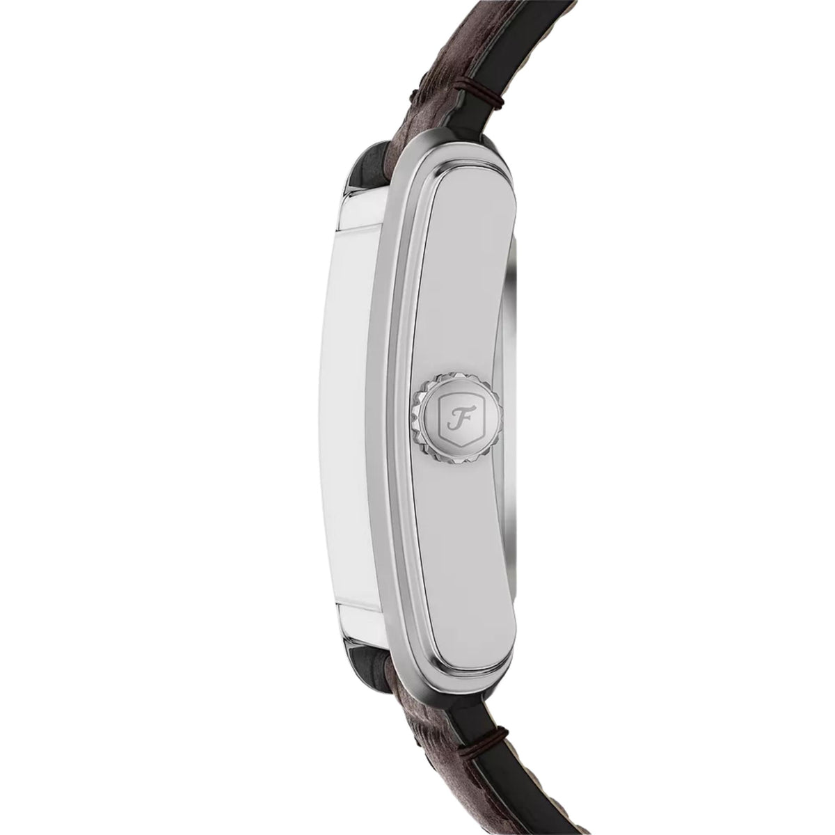 Fossil Carraway ME3272 stainless steel case side view highlighting the crown with 'F' logo