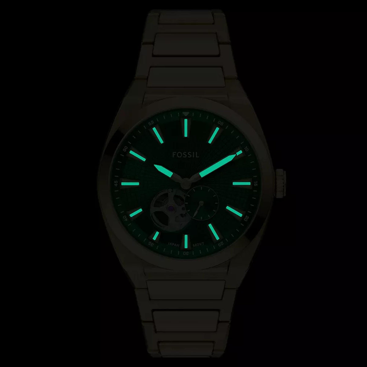 Fossil Everett 42mm Open Heart ME3276 luminous hands and markers dark view