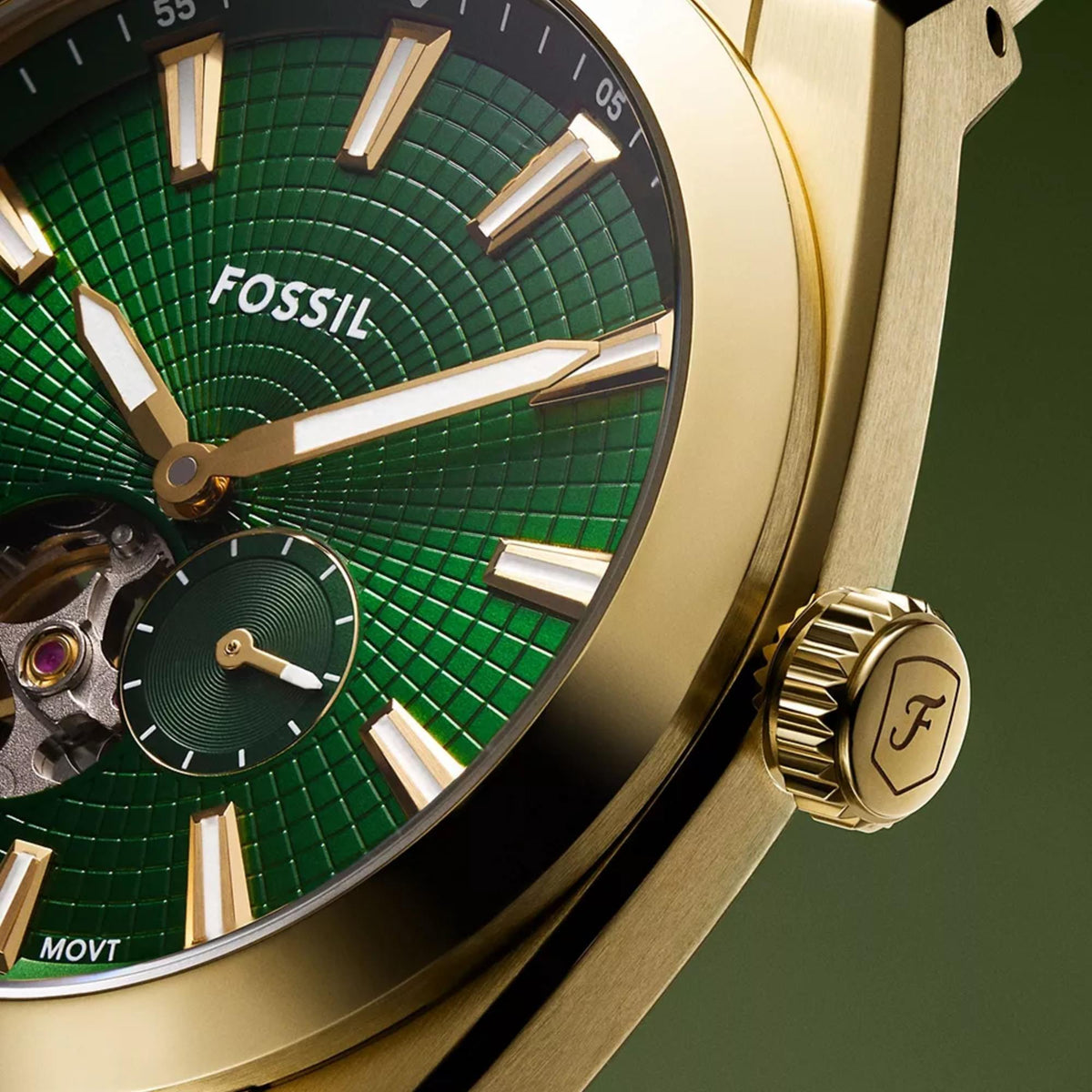 Fossil Everett 42mm Open Heart ME3276 textured green dial and open-heart window close up