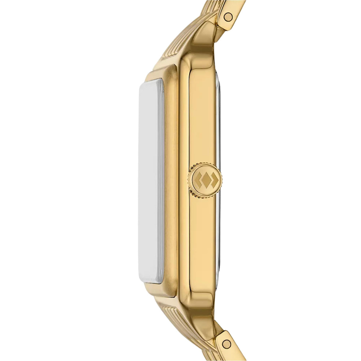 Fossil Raquel ES5341 side profile showing polished case finish and signed crown detail