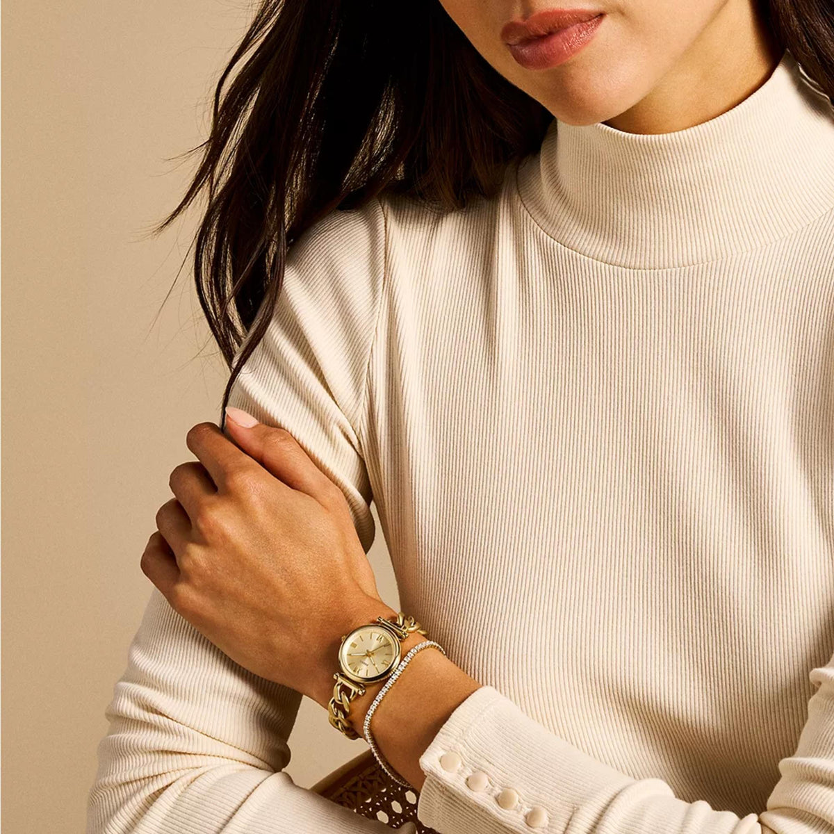 Fossil Carlie ES5387SET watch and tennis bracelet worn together on a wrist