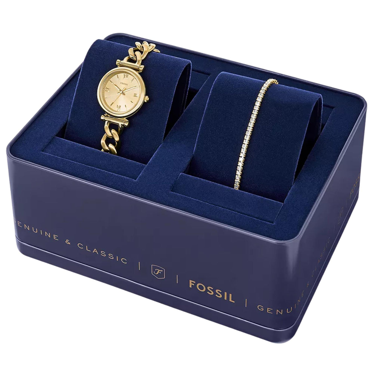 Fossil Carlie ES5387SET gold dial steel ladies quartz watch set in open box