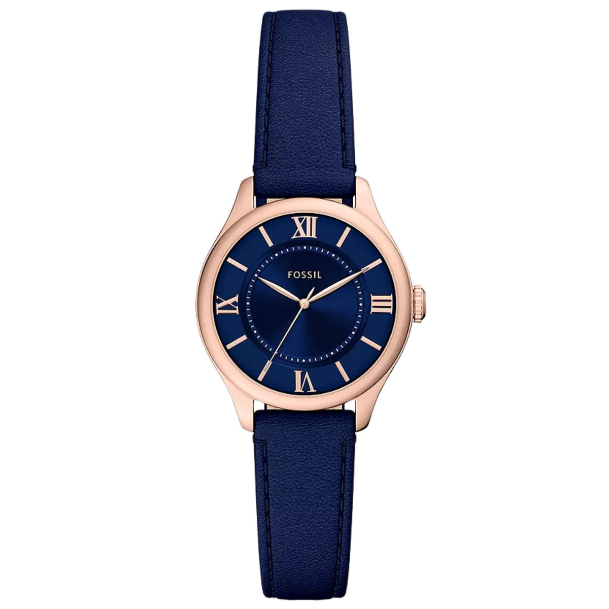 Blue dial quartz wristwatch with rose-gold case and navy leather strap, Roman numerals