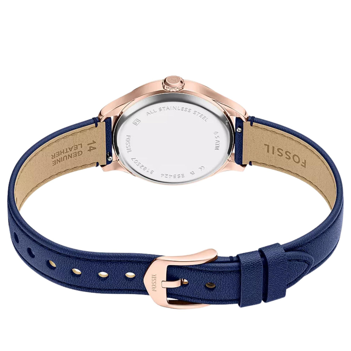 Back view of rose-gold quartz wristwatch with navy leather strap and stamped case