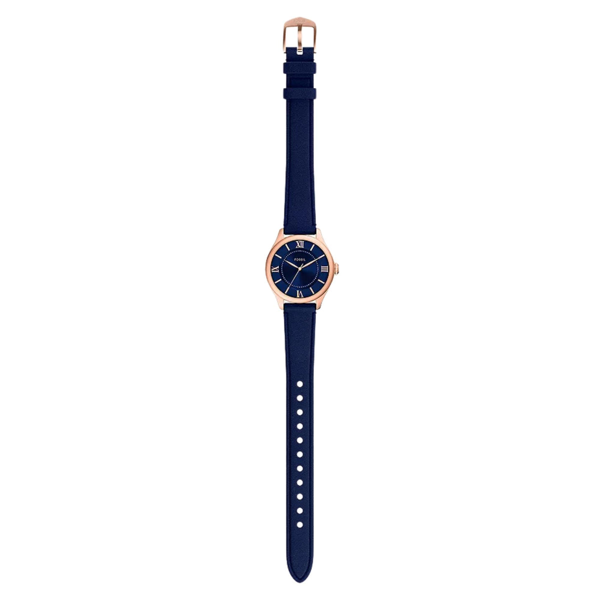 Rose-gold blue dial quartz watch with navy leather strap, full length view