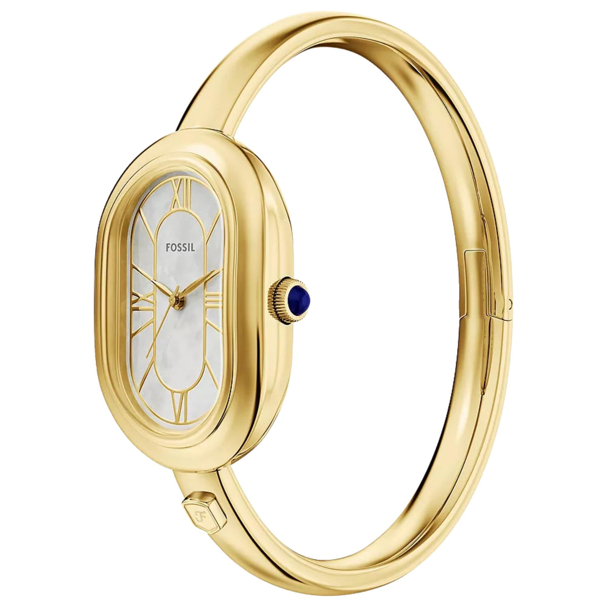 Fossil Sloan ES5444 angled side view highlighting the oval bezel and bangle curve