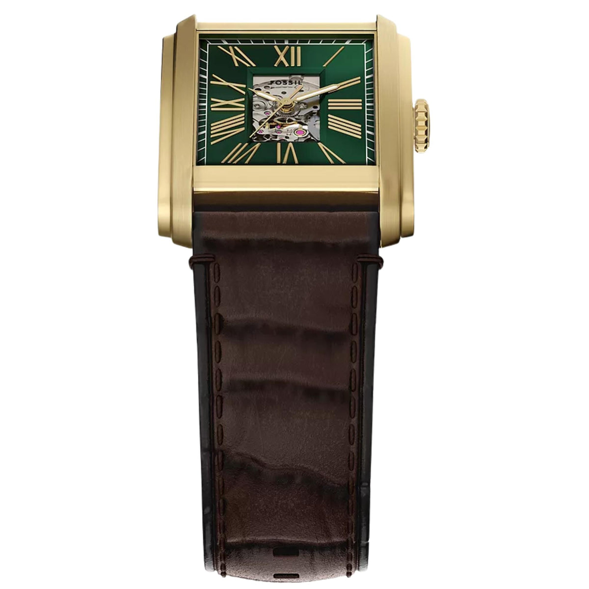 Fossil Carraway ME3271 rectangular gold case and green dial view