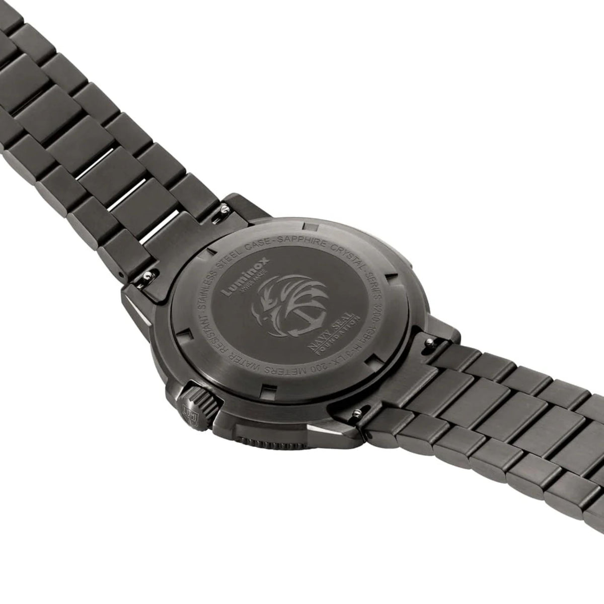 Engraved Navy SEAL Foundation logo on the case back of the 200m water-resistant Luminox XS.3228.NSF watch