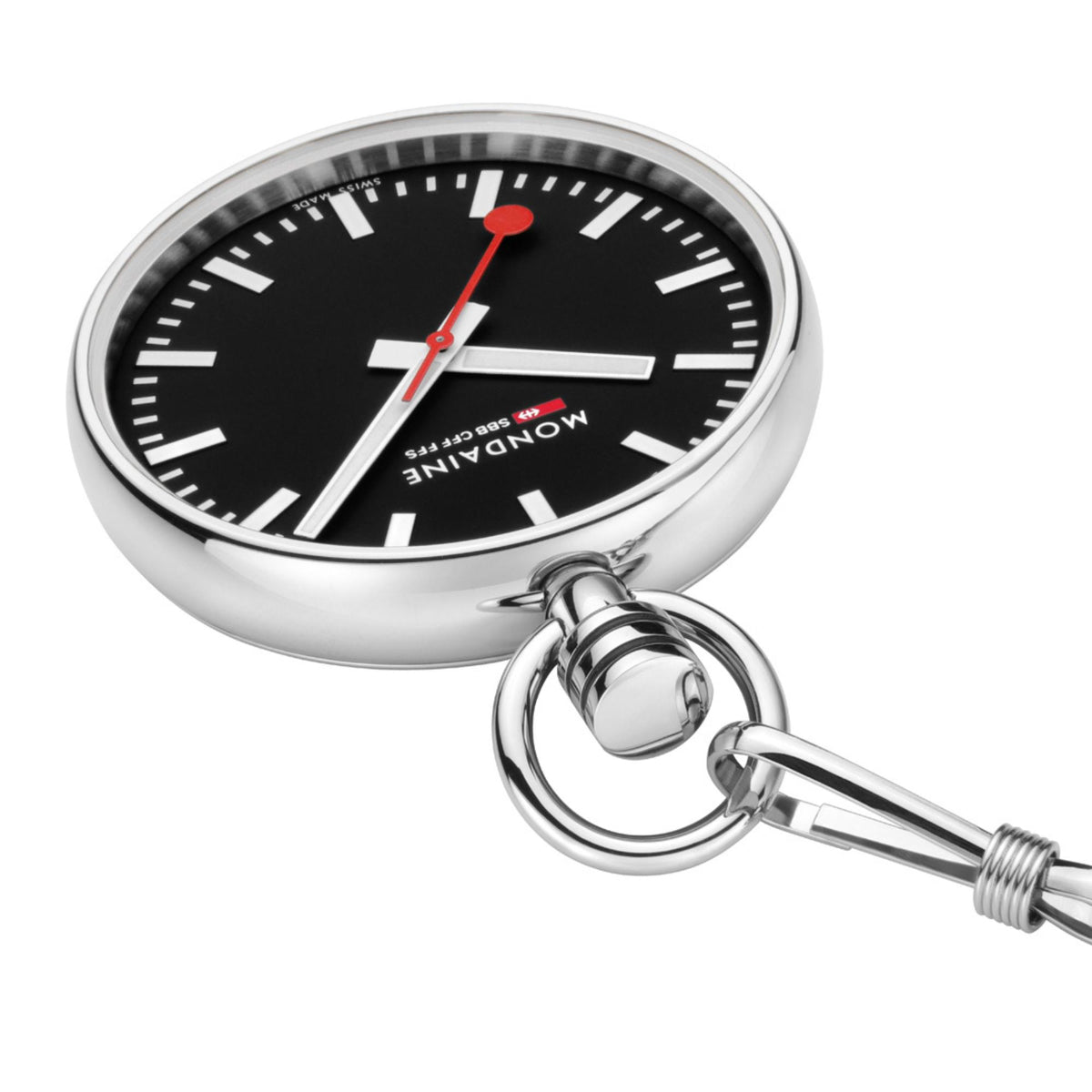An angled, top-down view of the Mondaine Black Dial Pocket Watch (A660.30316.20SBB), emphasizing the smooth, polished stainless steel case and the chain loop extension at the top