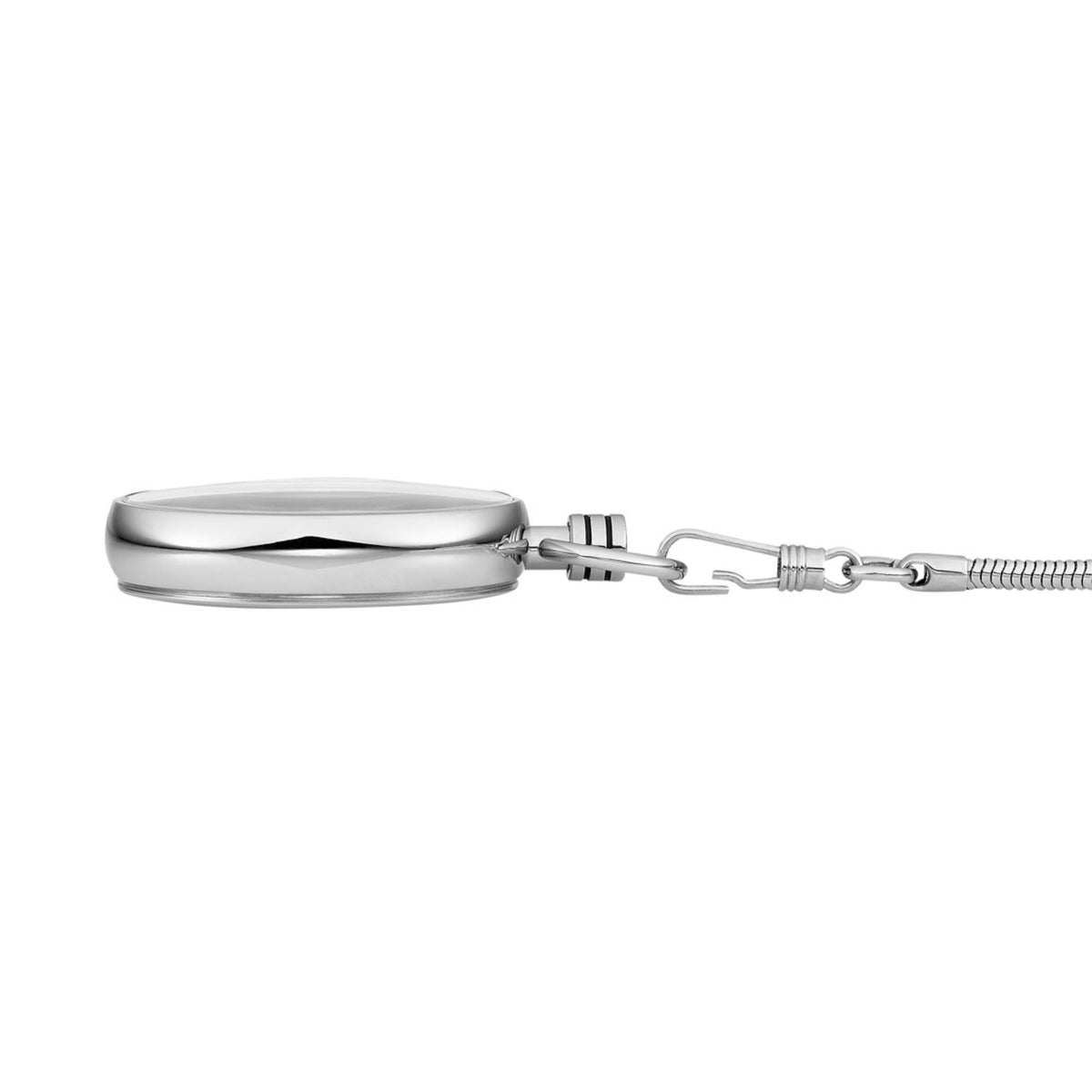 Side profile view of the Mondaine pocket watch, showcasing its slim, polished stainless steel case design and attached chain attachment