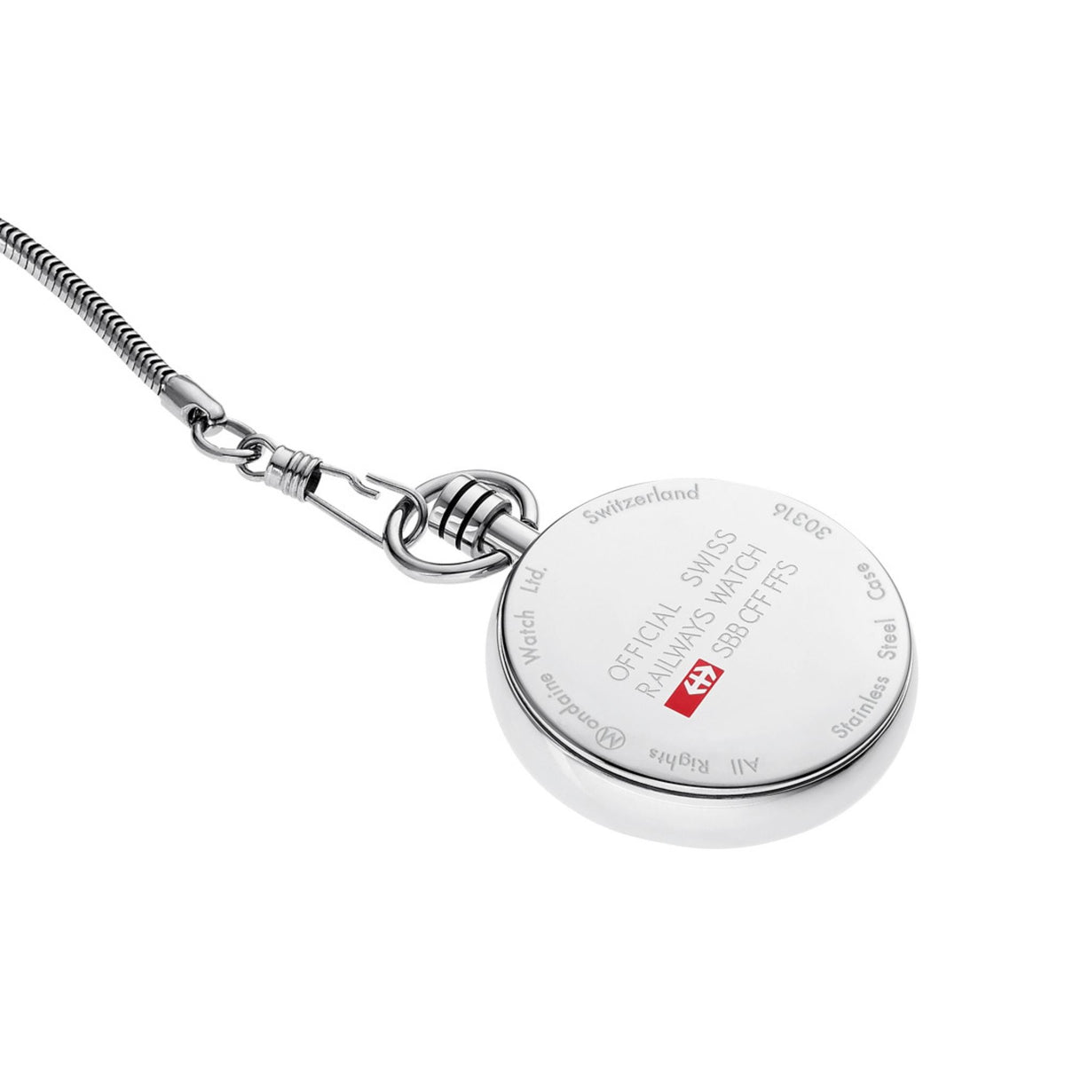 The solid stainless steel caseback of the Mondaine pocket watch, showing engraved text alongside the red SBB railway logo