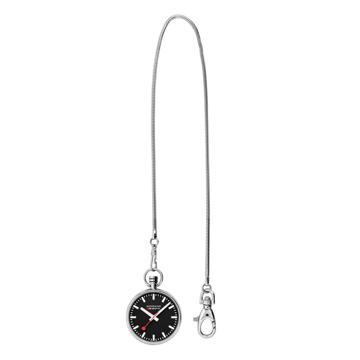 A full vertical shot of the Mondaine pocket watch A660.30316.20SBB against a white background, highlighting the complete length of its long, polished silver-tone metal chain looping down to the lobster-style clasp