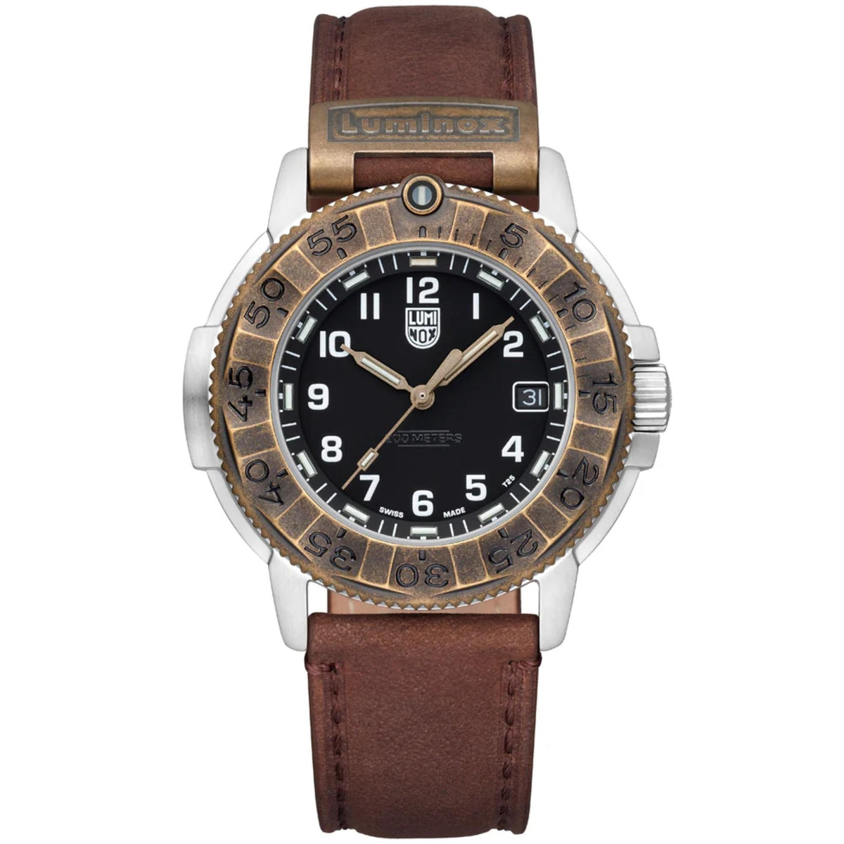 Front view of Luminox Adventure watch XL.1301.LG with a stainless steel case, bronze-tone bezel, black dial, and brown leather strap.