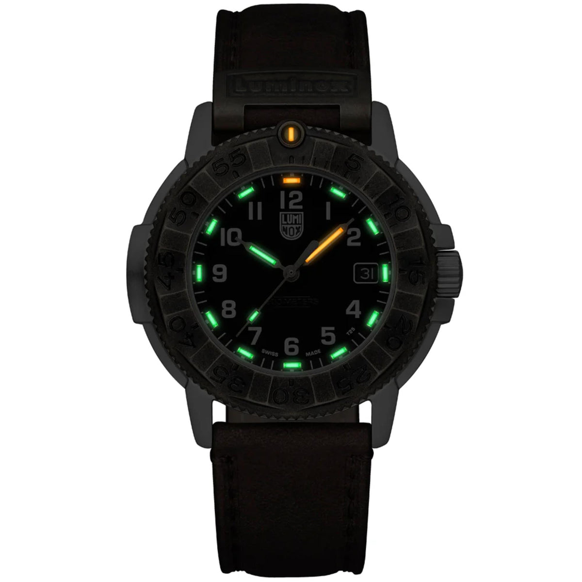 Luminox Adventure Watch XL.1301.LG showing its glowing green and orange micro gas lights illuminating the hands and hour markers in the dark