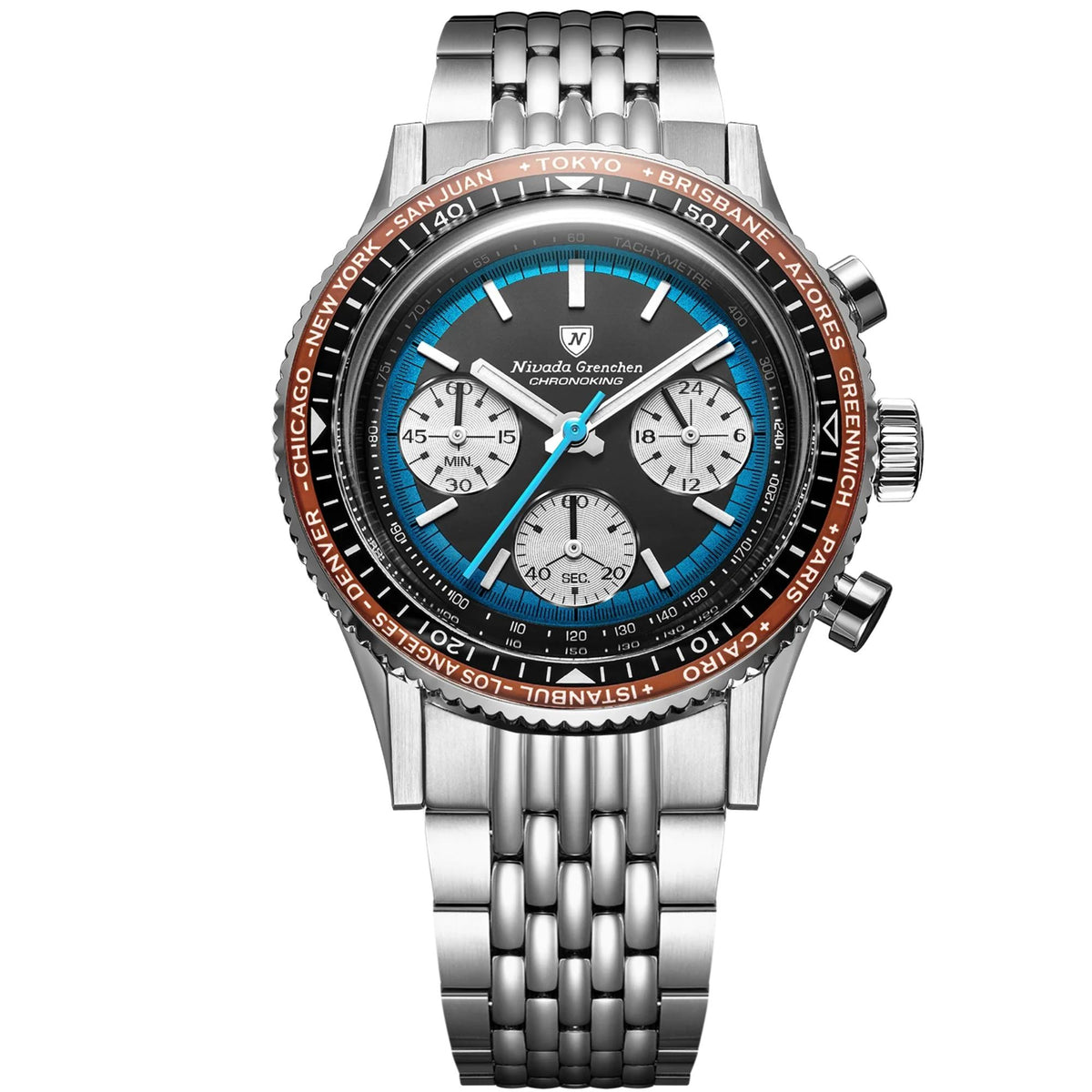 Front view of Nivada Grenchen Chronoking watch featuring an orange city bezel, black dial with three chronograph sub-dials, and a steel beads-of-rice bracelet