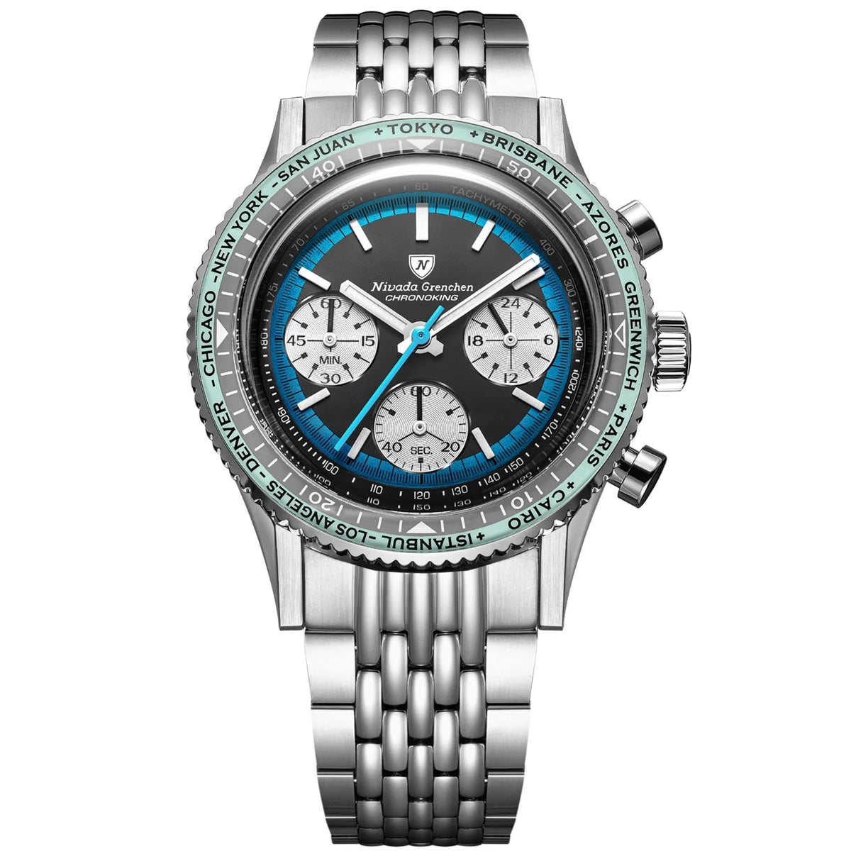Front view of Nivada Grenchen Chronoking watch featuring a green city bezel, black dial with three sub-dials, and a steel beads-of-rice bracelet
