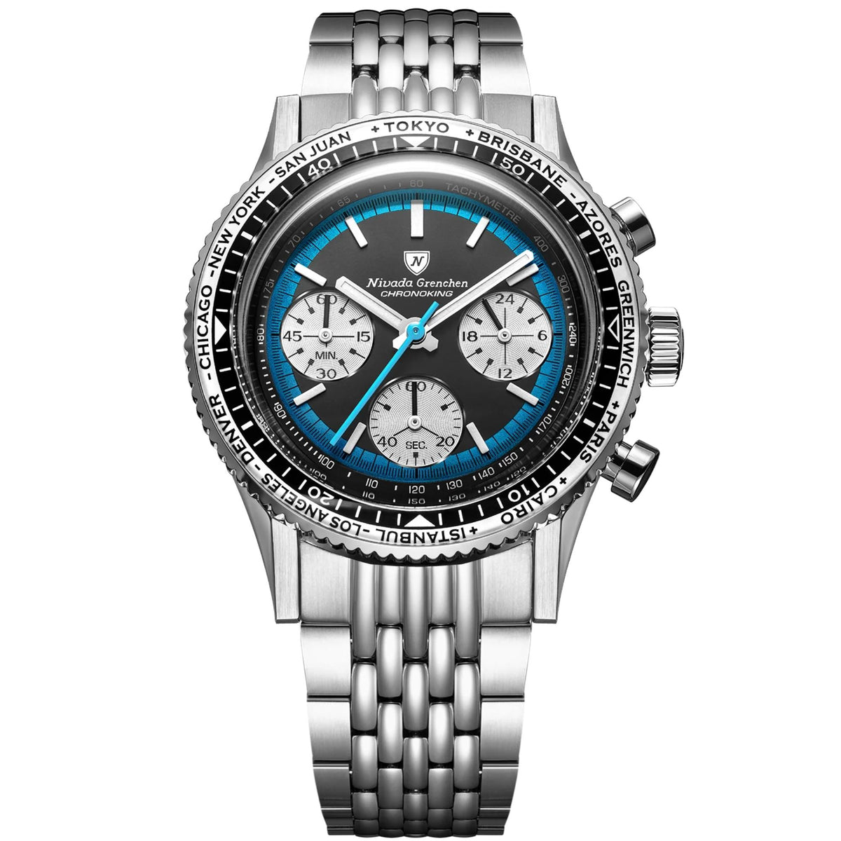 Front view of Nivada Grenchen Chronoking watch featuring a black and city bezel, black dial with three sub-dials, and a steel beads-of-rice bracelet