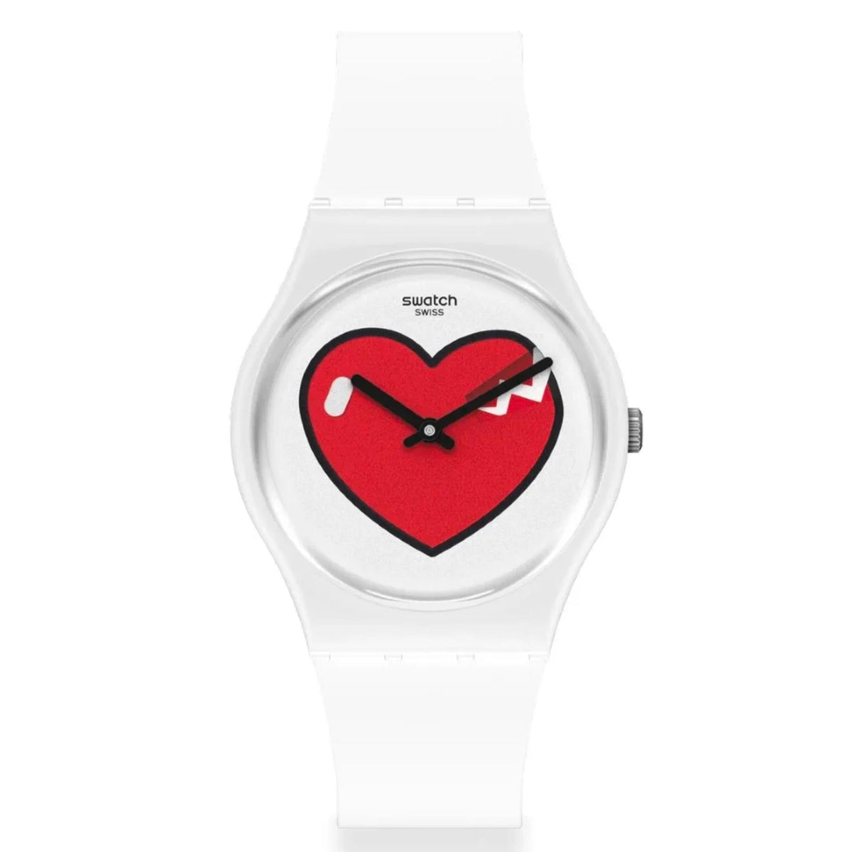 Front-facing close-up of the Swatch Love O'Clock watch GW718, featuring a white silicone strap and a white dial with a large, bold red heart and black hands