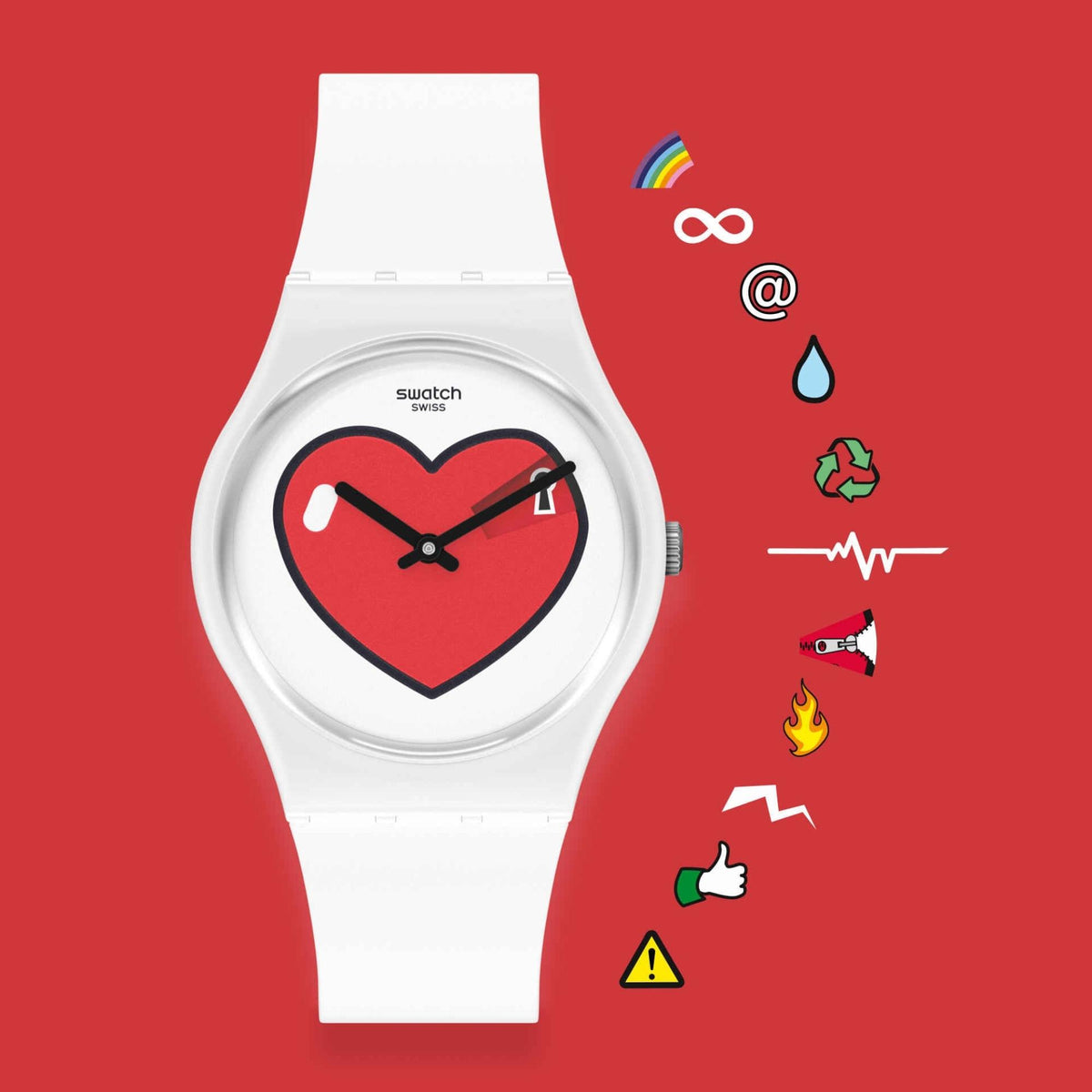 Swatch Originals Love O'Clock watch (GW718) centered on a red background, flanked by icons (rainbow, fire, heartbeat) representing its calendar dial features