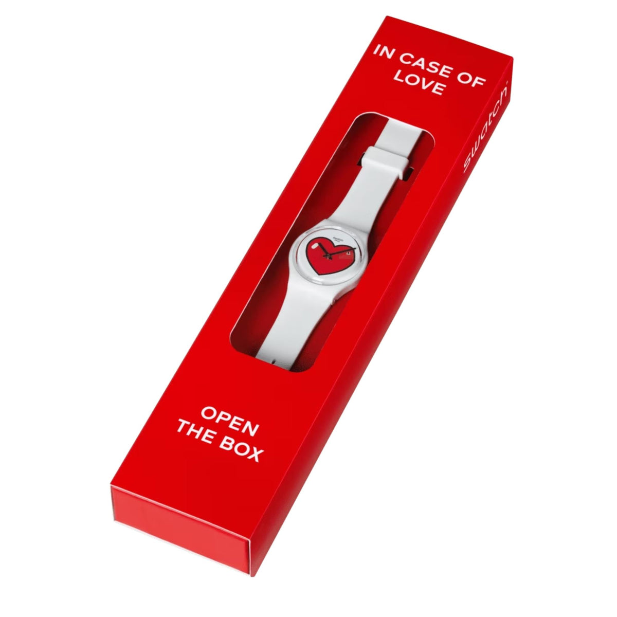 Swatch Originals Love O'Clock watch GW718 inside its closed, red packaging box featuring the text "IN CASE OF LOVE" and "OPEN THE BOX"