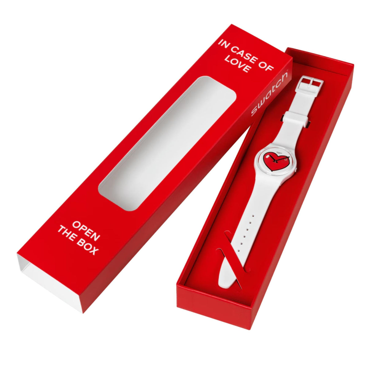 The red packaging box slid open, revealing the white silicone Swatch Originals Love O'Clock watch GW718 resting inside the red display tray