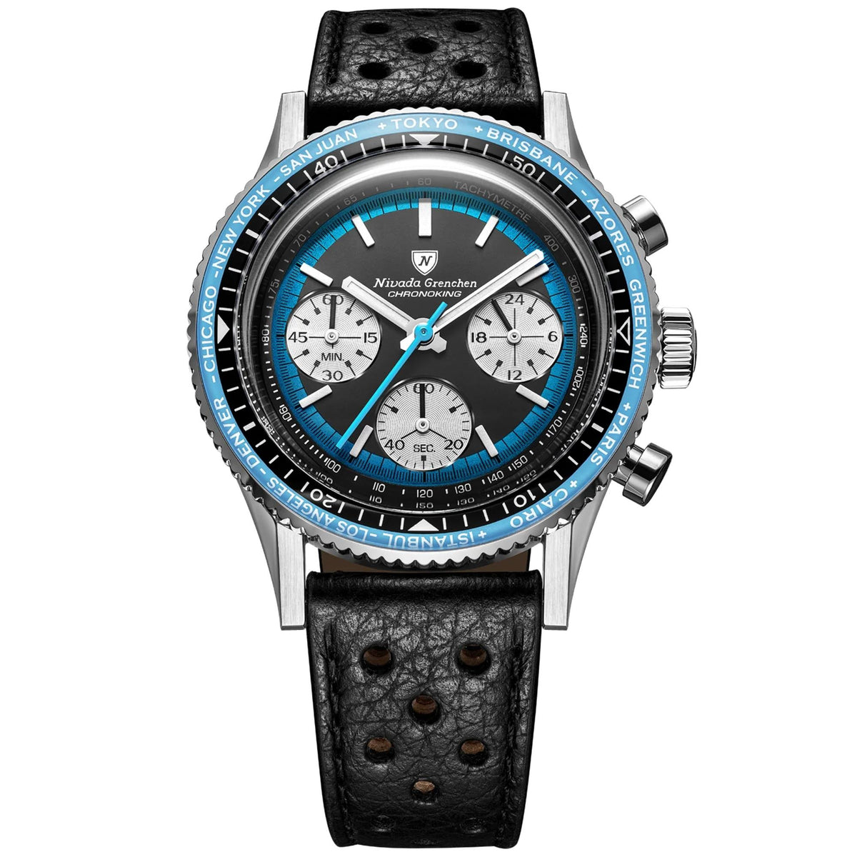 Nivada Grenchen Chronoking watch 87053Q10 with a black leather strap, stainless steel case, and black dial featuring a bright blue bezel and blue hands