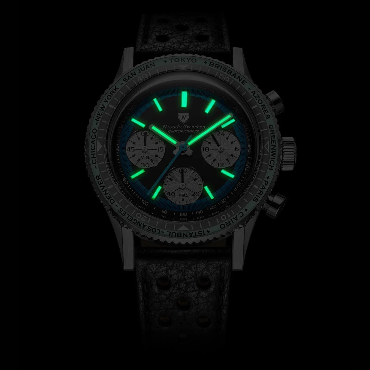 Nivada Grenchen Chronoking watch 87053Q10 featuring bright green luminescent hour markers and hands