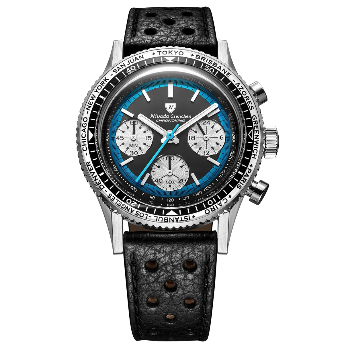 Nivada Grenchen Chronoking watch with a black leather strap, stainless steel case, and a black dial featuring a blue sub-dial ring and white hands