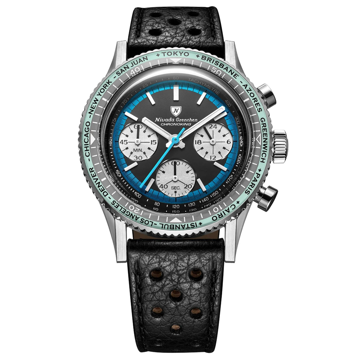 Nivada Grenchen Chronoking watch with a black leather strap, stainless steel case, and a blue dial with a green world-time bezel