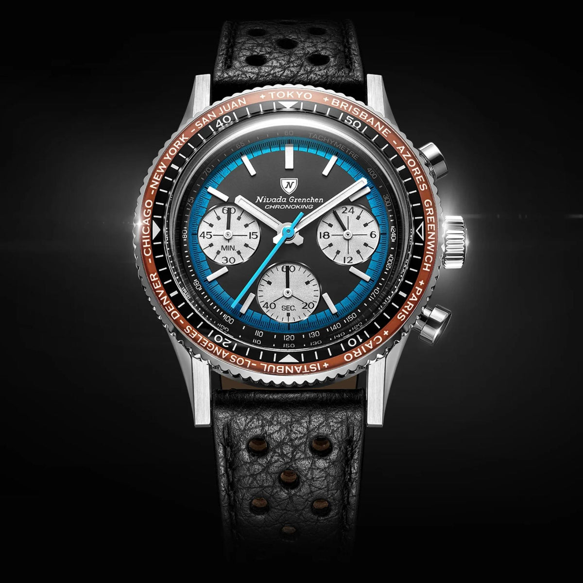 Nivada Grenchen Chronoking watch with a black case, black leather strap, and a tachymeter bezel with red racing-style markings