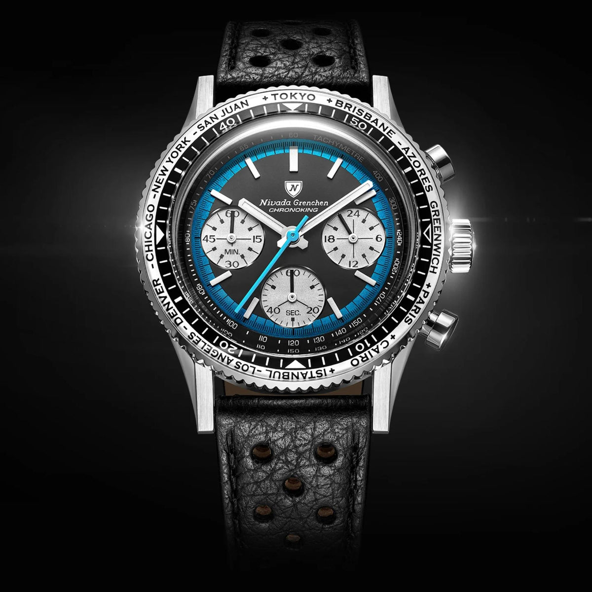 Nivada Grenchen Chronoking watch 87053Q10 with a silver-tone case, a leather strap, and a distinctive blue dial
