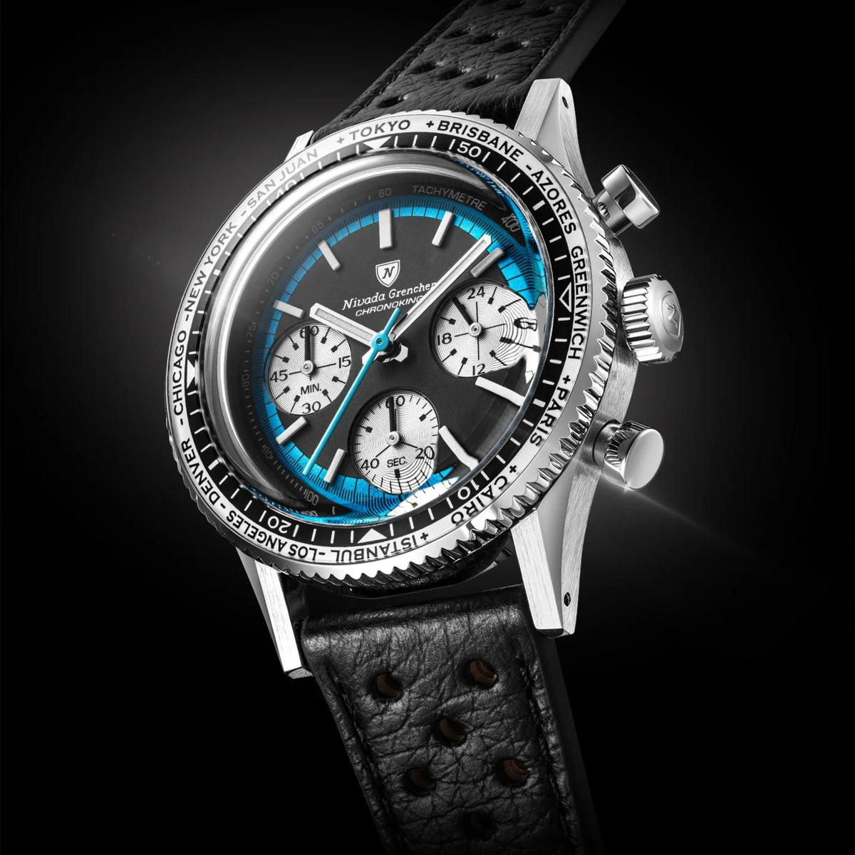 Nivada Grenchen Chronoking 87053Q10 with a black leather strap, featuring a black dial with a vibrant blue sub-dial ring and white three  chronograph sub-dials