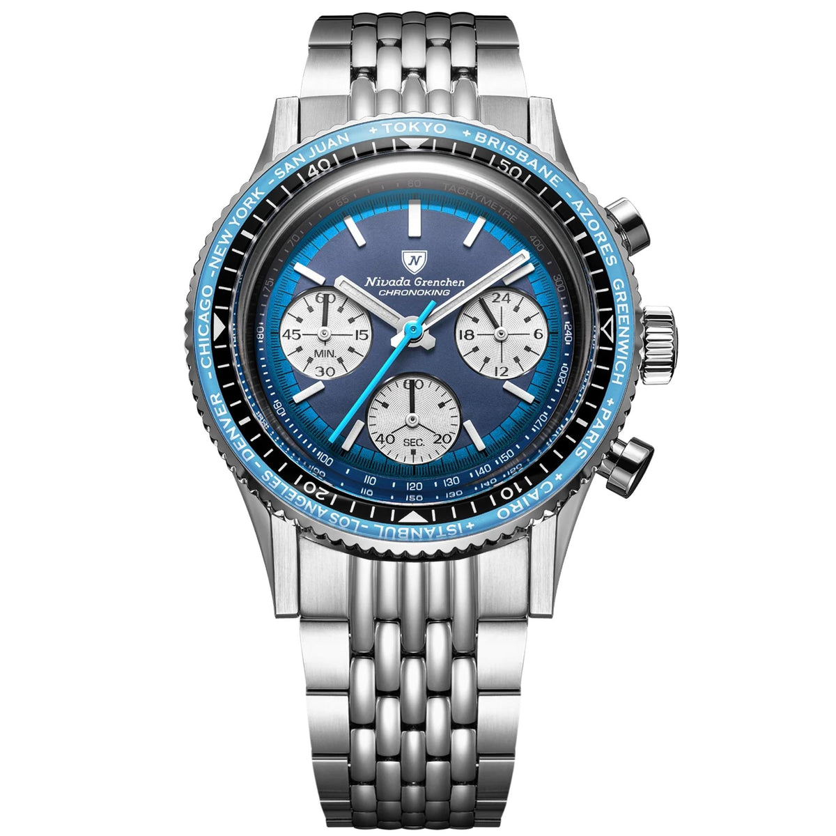 Studio shot of the Nivada Grenchen Chronoking blue-dial watch, featuring a stainless steel bracelet and a light blue world-time city bezel