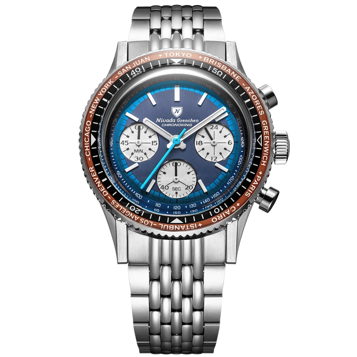 Nivada Grenchen Chronoking watch 87054Q04 with a steel bracelet, featuring a copper-brown world-time city bezel