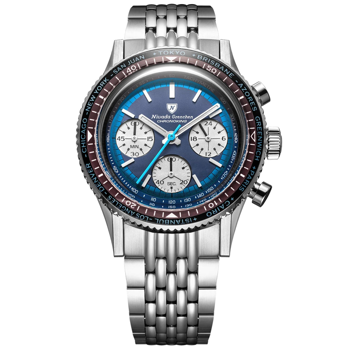 Studio shot of the Nivada Grenchen Chronoking watch with a stainless steel bracelet, featuring a red world-time city bezel