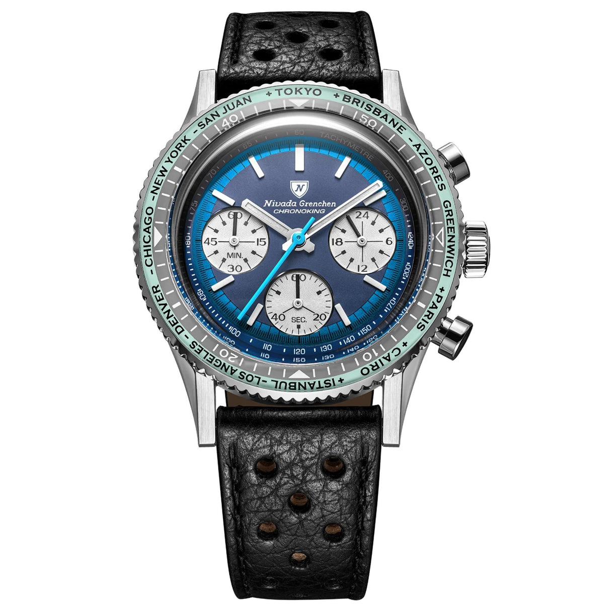 Nivada Grenchen Chronoking watch 87054Q10 with a blue dial, stainless steel case, and a black textured leather strap featuring world city markings on the bezel