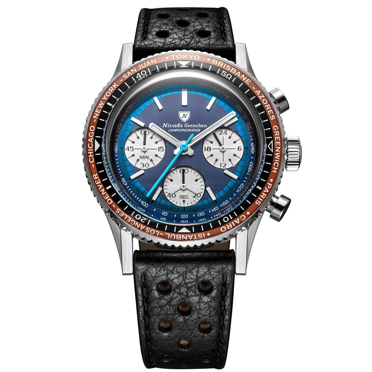 Nivada Grenchen Chronoking watch 87054Q10 with a silver-toned case, a blue dial, a black leather strap, and a rotating world map bezel