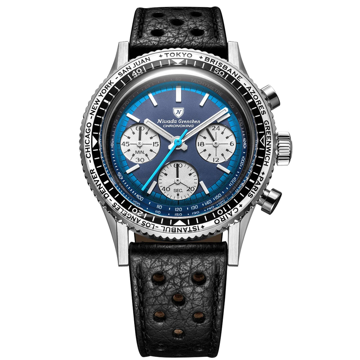 Nivada Grenchen Chronoking watch 87054Q10 with a stainless steel case, a blue dial with white subdials, and a black leather strap, shown against a plain white background